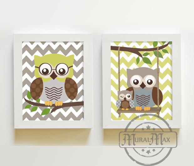 The Owl Kids Nursery Decor - Chevron Unframed Prints - Set of 2 - Brown Olive Decor