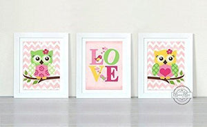 Toddler Girl Or Nursery Decor - Owl & Love Art Prints - Chevron Unframed Prints- Set of 3-MuralMax Interiors