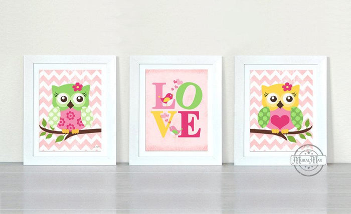 Toddler Girl Or Nursery Decor - Owl & Love Art Prints - Chevron Unframed Prints- Set of 3