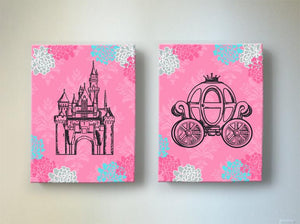 Toddler Girl Princess Room Decor - Princess Art - Princess Castle & Carriage Canvas Decor - Set of 2 - Choose From Designer Colors-MuralMax Interiors
