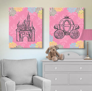 Toddler Girl Princess Room Decor - Princess Art - Princess Castle & Carriage Canvas Decor - Set of 2 - Choose From Designer Colors-MuralMax Interiors