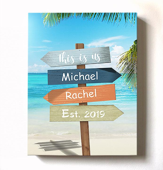 Tropical Beach Sign This is Us Canvas Wall Art - Personalized with Name and Date - Unique Home Decor