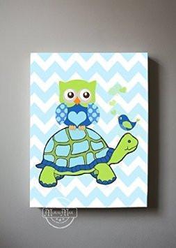 Turtle & Friends Safari Nursery Decor - Chevron Canvas Wall Art-Blue Green-MuralMax Interiors