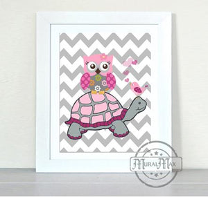 Turtle & Owl Baby Girl Art Print - Pink Gray Decor - Unframed Print-MuralMax Interiors