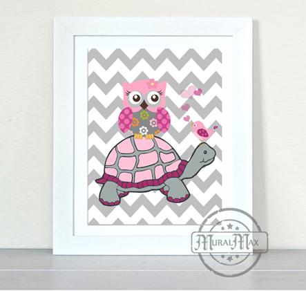 Turtle & Owl Baby Girl Art Print - Pink Gray Decor - Unframed Print
