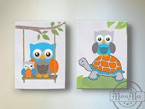 Turtle & Owls Nursery Art - Orange Blue Gray Boy Room Decor - Canvas Art - Set of 2-MuralMax Interiors