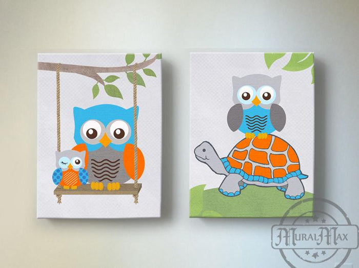 Turtle & Owls Nursery Art - Orange Blue Gray Boy Room Decor - Canvas Art - Set of 2