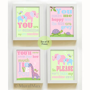 Turtles & Giraffe You Are My Sunshine Nursery Art Prints - Set of 4 - Unframed Prints-MuralMax Interiors