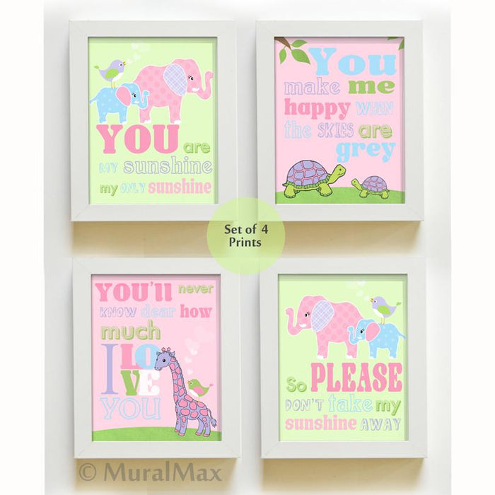 Turtles & Giraffe You Are My Sunshine Nursery Art Prints - Set of 4 - Unframed Prints