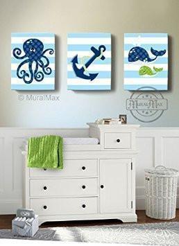 Under the Sea Nursery Art -Whale Octopus Sealife Nautical Wall Art - Canvas Nursery Wall Decor - Set of 3-MuralMax Interiors