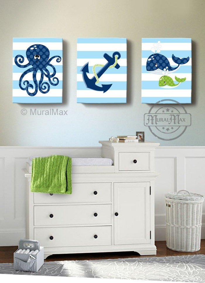 Under the Sea Nursery Art -Whale Octopus Sealife Nautical Wall Art - Canvas Nursery Wall Decor - Set of 3