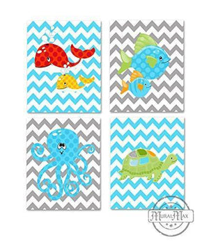 Under The Sea Nursery Decor - Turtle Fish & Whale - Set of 4 - Unframed Prints In Blue Gray Red Colors-MuralMax Interiors