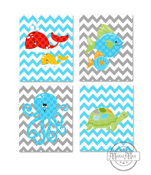 Under The Sea Nursery Decor - Turtle Fish & Whale - Set of 4 - Unframed Prints In Blue Gray Red Colors-MuralMax Interiors