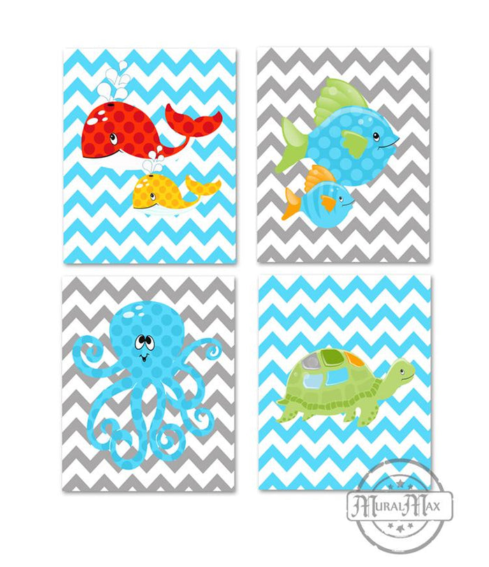 Under The Sea Nursery Decor - Turtle Fish & Whale - Set of 4 - Unframed Prints In Blue Gray Red Colors
