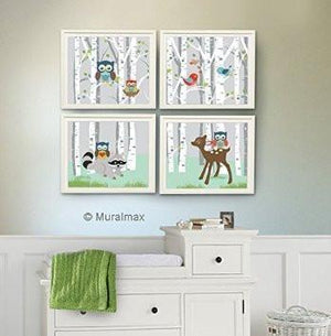 Unisex Baby Nursery Decor - Woodland Animals & Birch Tree - Set of 4 Unframed Prints-MuralMax Interiors