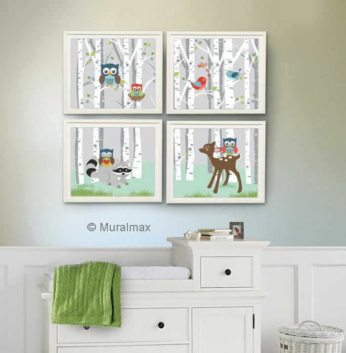 Unisex Baby Nursery Decor - Woodland Animals & Birch Tree - Set of 4 Unframed Prints