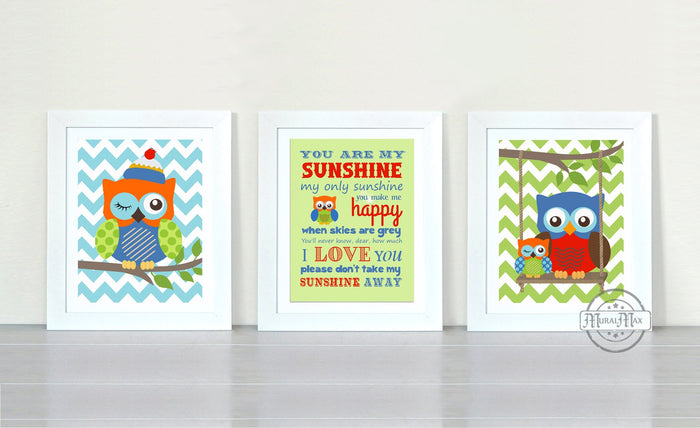 Unisex Baby Nursery You Are My Sunshine & Owl Prints - Chevron Unframed Prints - Set of 3