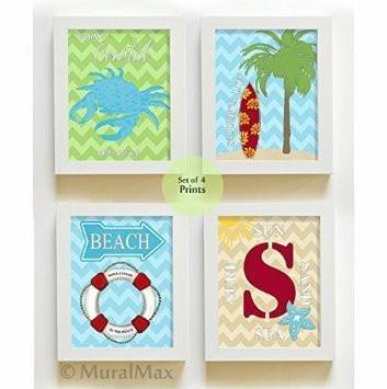 Unisex - Going Coastal Beach Theme - Chevron Unframed Prints - Set of 4-B018KOC5DW