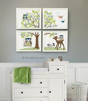 Unisex Nursery Art - Whimsical Woodland Animals & Tree - Set of 4 Unframed Prints-MuralMax Interiors