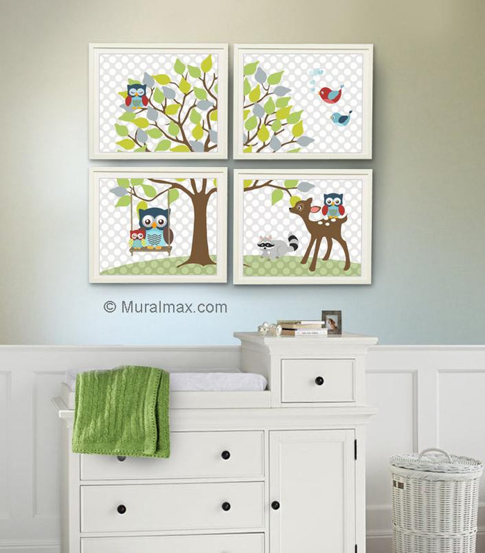 Unisex Nursery Art - Whimsical Woodland Animals & Tree - Set of 4 Unframed Prints
