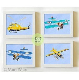 Vintage Airplane Nursery Wall Art - Airplane Baby Shower Gift - Unframed Prints - Set of 4-B018KOBV6E-MuralMax Interiors