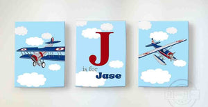 Vintage Airplanes Nursery Decor - Personalized Canvas Nursery Wall Art - Set of 3-B018ISGTNW-MuralMax Interiors