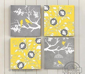 Vintage Birdcage & Branches Of Flowers, Stretched Canvas Wall Art, Memorable Anniversary Gifts, Unique Wall Decor, Color, Yellow - 30-DAY - Set Of 4-B018KOC2Y4-MuralMax Interiors