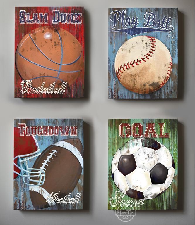Vintage Sports Wall Decor -Baseball - Football - Basketball & Soccer - Canvas Wall Art