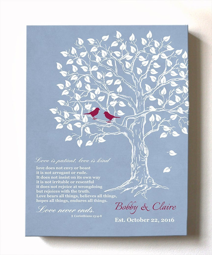 Wedding Gift for Couples, Gift for Her Her Personalized Family Tree Canvas Art - Anniversary Gift, Engagement Newlywed Love Birds - Powder Blue