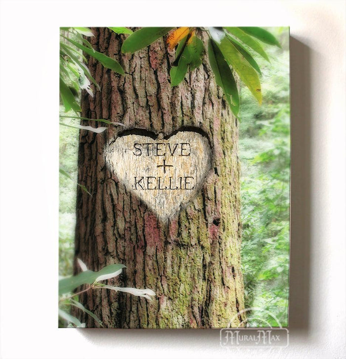 Wedding Gift - Personalized Carved Heart in Tree with Names - Canvas Anniversary Wall Decor