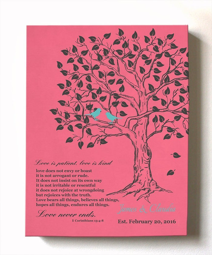 Wedding Gift, Personalized Wedding Gifts for Couple Family Tree Wall Art - Unique Canvas Decor - Pink