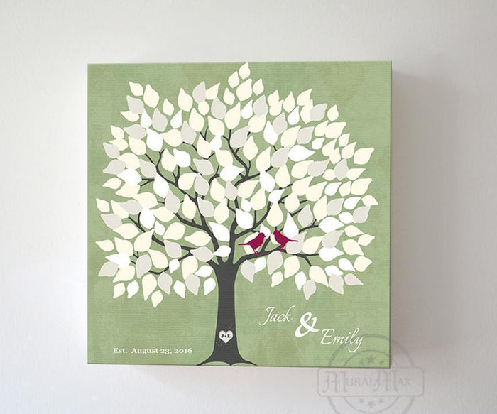 Wedding Guest Book 150 Leaf Tree Canvas Wall Art - Anniversary Gifts - Green 150 Guests Wedding