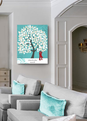 Wedding Guest Book Personalized Family Tree &amp; Lovebirds Canvas Wall Art - Memorable Wedding Gifts-TurquoiseHomeMuralMax Interiors