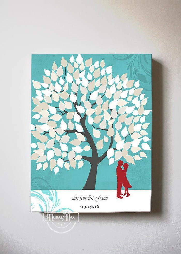 Wedding Guest Book Personalized Family Tree & Lovebirds Canvas Wall Art - Memorable Wedding Gifts-Turquoise