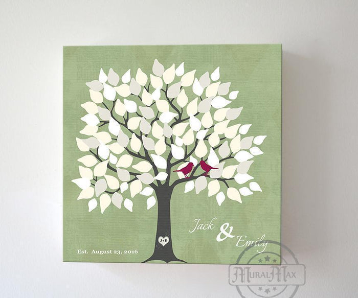 Wedding Signature Guest Book Family Tree - 100 Leaf Tree Canvas Wall Art - Anniversary Gifts - Unique Wall Decor - Green Wedding