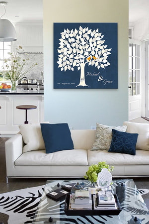 Wedding Signature Guestbook 100 Leaf Family Tree Stretched Canvas Wall Art, Couples Gifts, Unique Wall Decor - Navy100Leaf - B01L2L4R8G-MuralMax Interiors