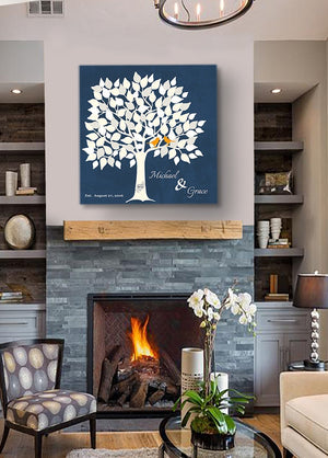 Wedding Signature Guestbook 100 Leaf Family Tree Stretched Canvas Wall Art, Couples Gifts, Unique Wall Decor - Navy100Leaf - B01L2L4R8G-MuralMax Interiors