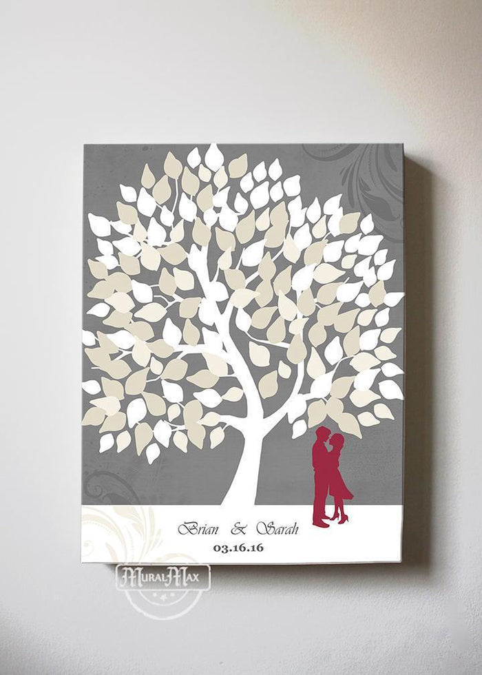 Wedding Tree Guest Book - Personalized Family Tree Canvas Art - Unique Wall Decor - Gray
