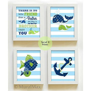 Whale & Fish Brother To Brother Quote Nursery Prints - Set of 4 - Unframed Prints-B01CRT69MY-MuralMax Interiors