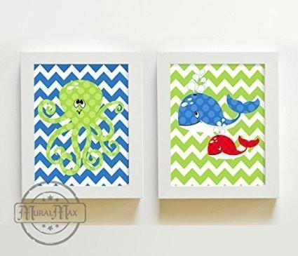 Whale & Octopus Kids Room Art - Chevron Unframed Prints - Set of 2-B018KOCJZQ