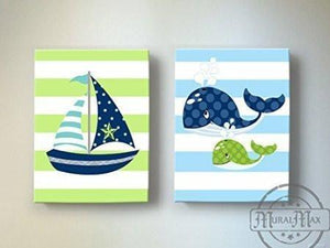 Whale & Sailboat Nursery Canvas Art - Nautical Sailboat Baby Nursery Decor - Set of 2-MuralMax Interiors