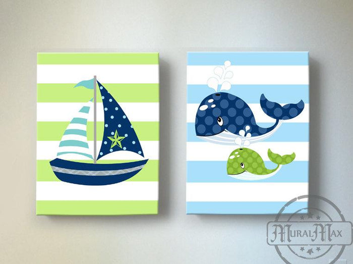 Whale & Sailboat Nursery Canvas Art - Nautical Sailboat Baby Nursery Decor - Set of 2