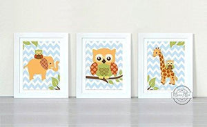 Whimsical Animal Nursery Art - Elephant Giraffe & Owl Chevron Unframed Prints - Set of 3-MuralMax Interiors