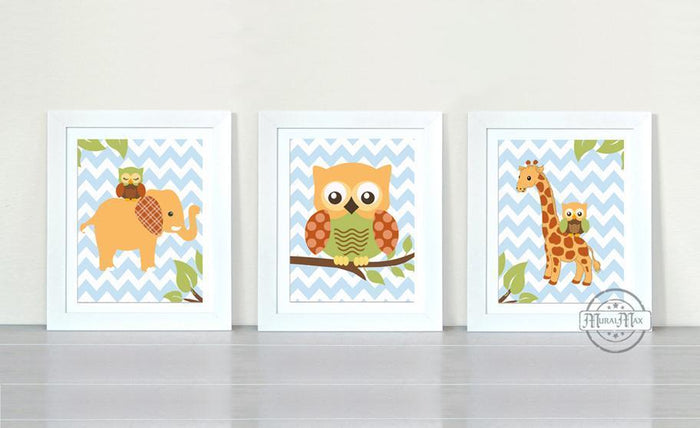 Whimsical Animal Nursery Art - Elephant Giraffe & Owl Chevron Unframed Prints - Set of 3