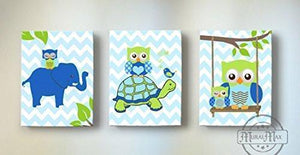 Whimsical Animals Nursery Art - Owls & Friends Canvas Decor - Set of 3-Blue Green Wall Art-MuralMax Interiors
