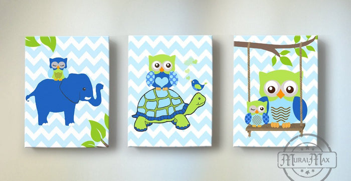 Whimsical Animals Nursery Art - Owls & Friends Canvas Decor - Set of 3-Blue Green Wall Art