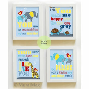 Whimsical Animals Nursery Art - You are My Sunshine - Unframed Prints - Set of 4-MuralMax Interiors