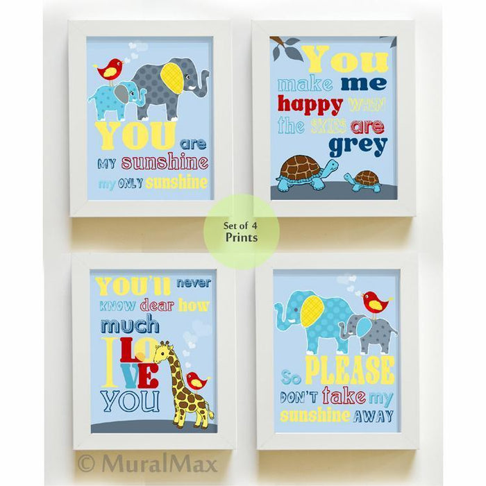 Whimsical Animals Nursery Art - You are My Sunshine - Unframed Prints - Set of 4