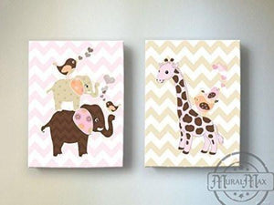Whimsical Baby Girl Elephant Nursery Art - Giraffe & Friends - Canvas Art - Set of 2 Pink Brown Decor-MuralMax Interiors