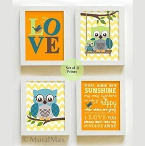 Whimsical Chevron Owl Love Theme - You Are My Sunshine Collection - Unframed Prints - Set of 4-B018KOFF66-MuralMax Interiors